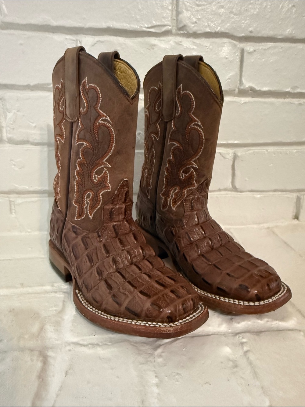 HP Kids Brown Croc-Embossed Western Cowboy Boots Size 13